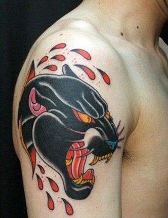 男性手臂黑色豹子头纹身图案