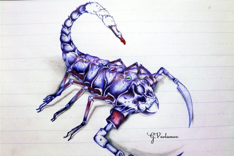 好看的蓝色蝎子纹身手稿图片