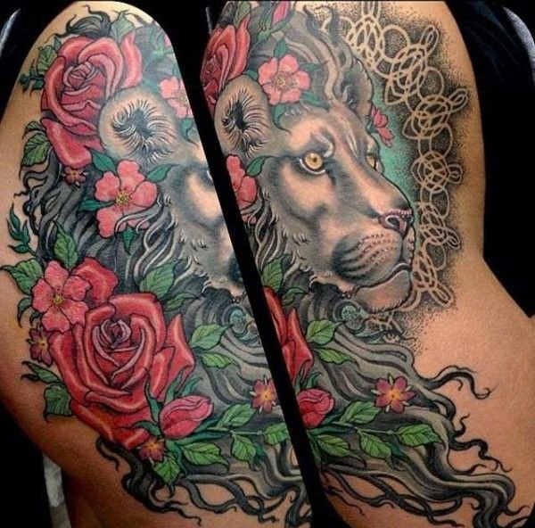 大臂膀上威武的雄狮纹身图案欣赏