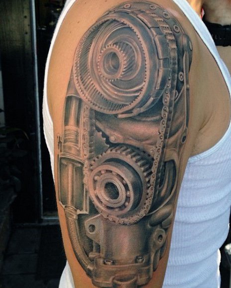让人感觉无比有力的男性生物机械花臂纹身图案