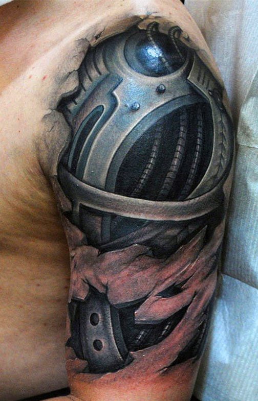 让人感觉无比有力的男性生物机械花臂纹身图案