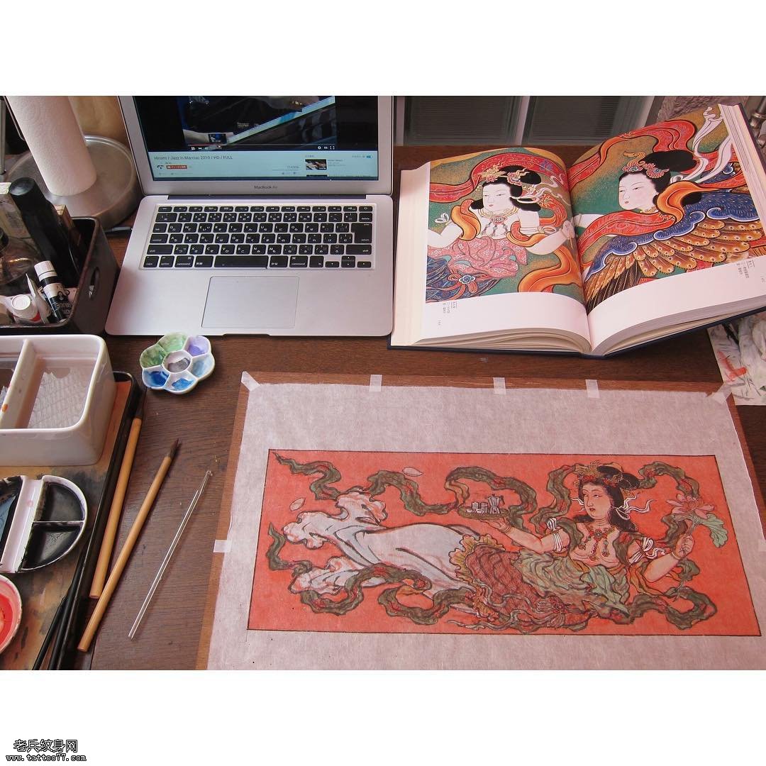 仕女飞天图纹身图案手稿素材