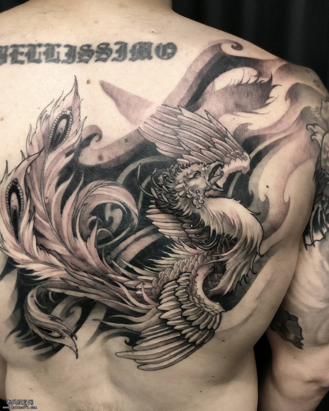 背部凤凰字母纹身图案