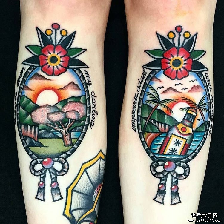 小腿old school镜像终不同风景纹身图案