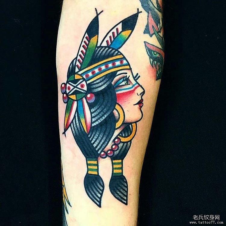 小腿old school部落女郎纹身图案