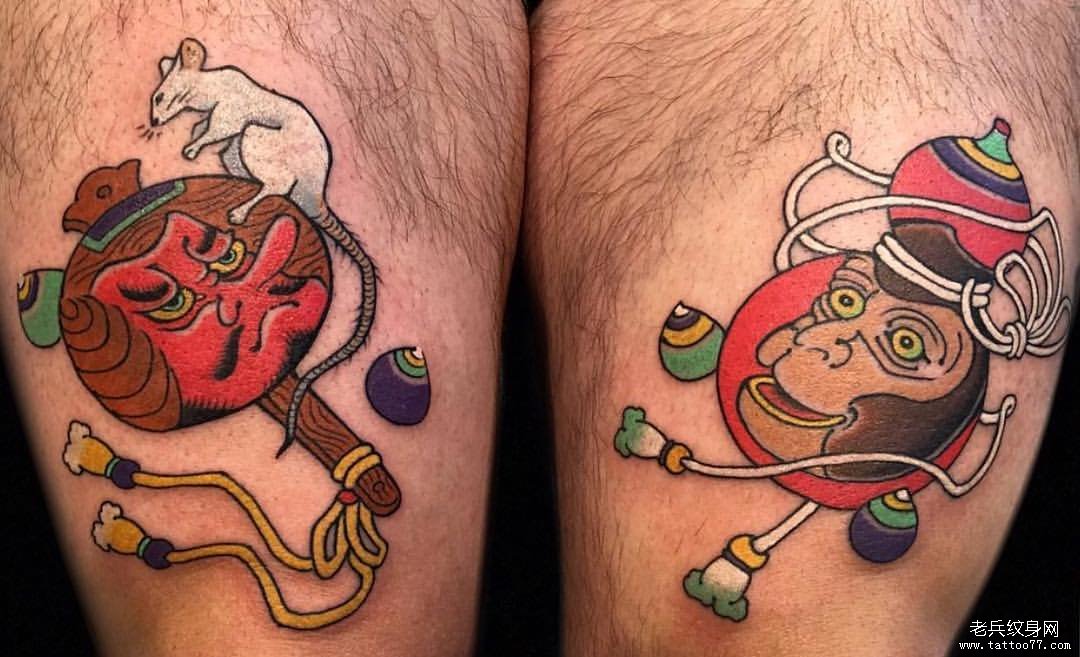 大腿日式达摩猴子和天狗老鼠纹身图案缩略频道推荐图