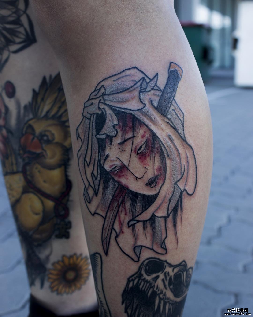 大腿日式女性生首纹身图案