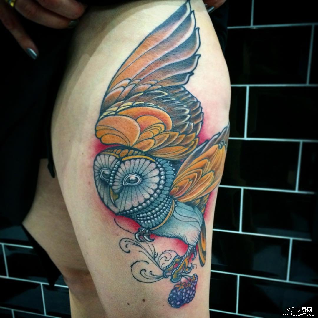 大腿school彩绘猫头鹰纹身图案