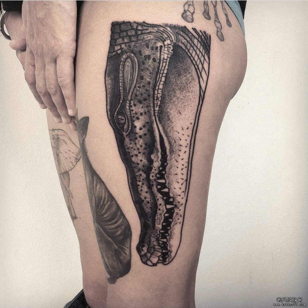 大腿欧美鳄鱼tattoo动物纹身图案