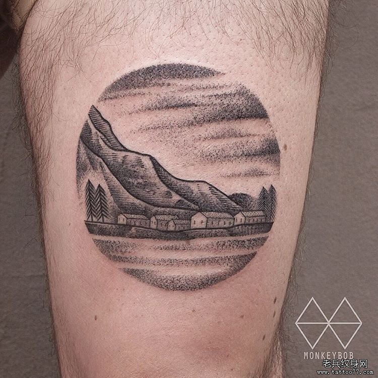 大腿点刺school圆形风景纹身图案