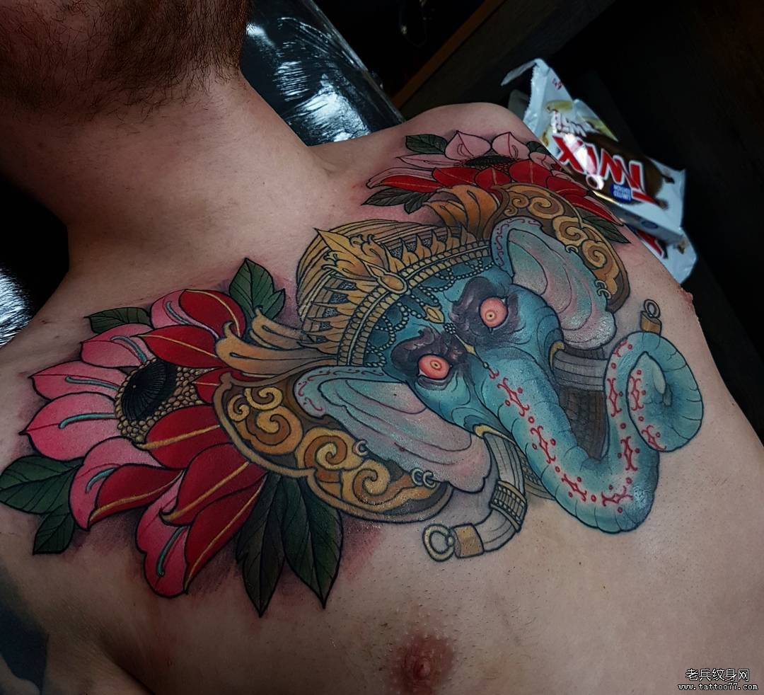 胸部彩绘传统象神牡丹花纹身tattoo图案