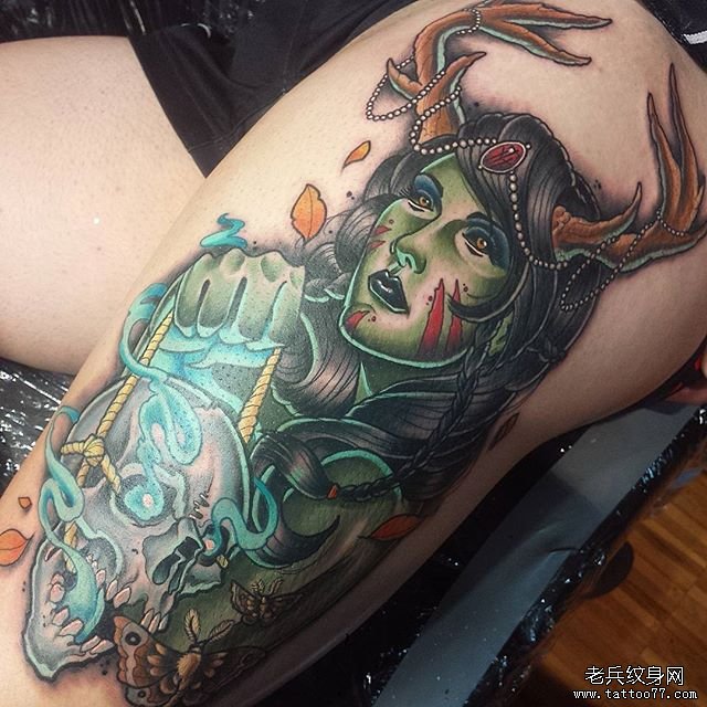 大腿彩绘欧美森林女郎骷髅纹身图案