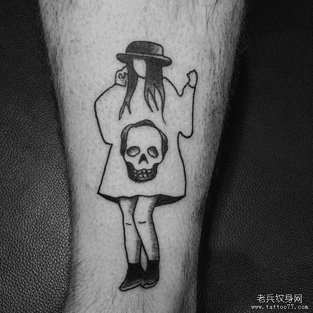 小腿卡通少女骷髅线条纹身图案