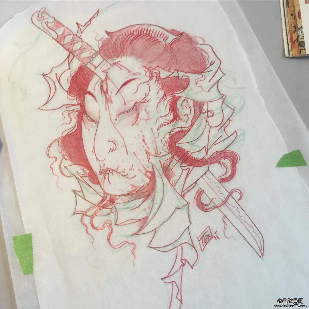 日式传统生首纹身图案手稿