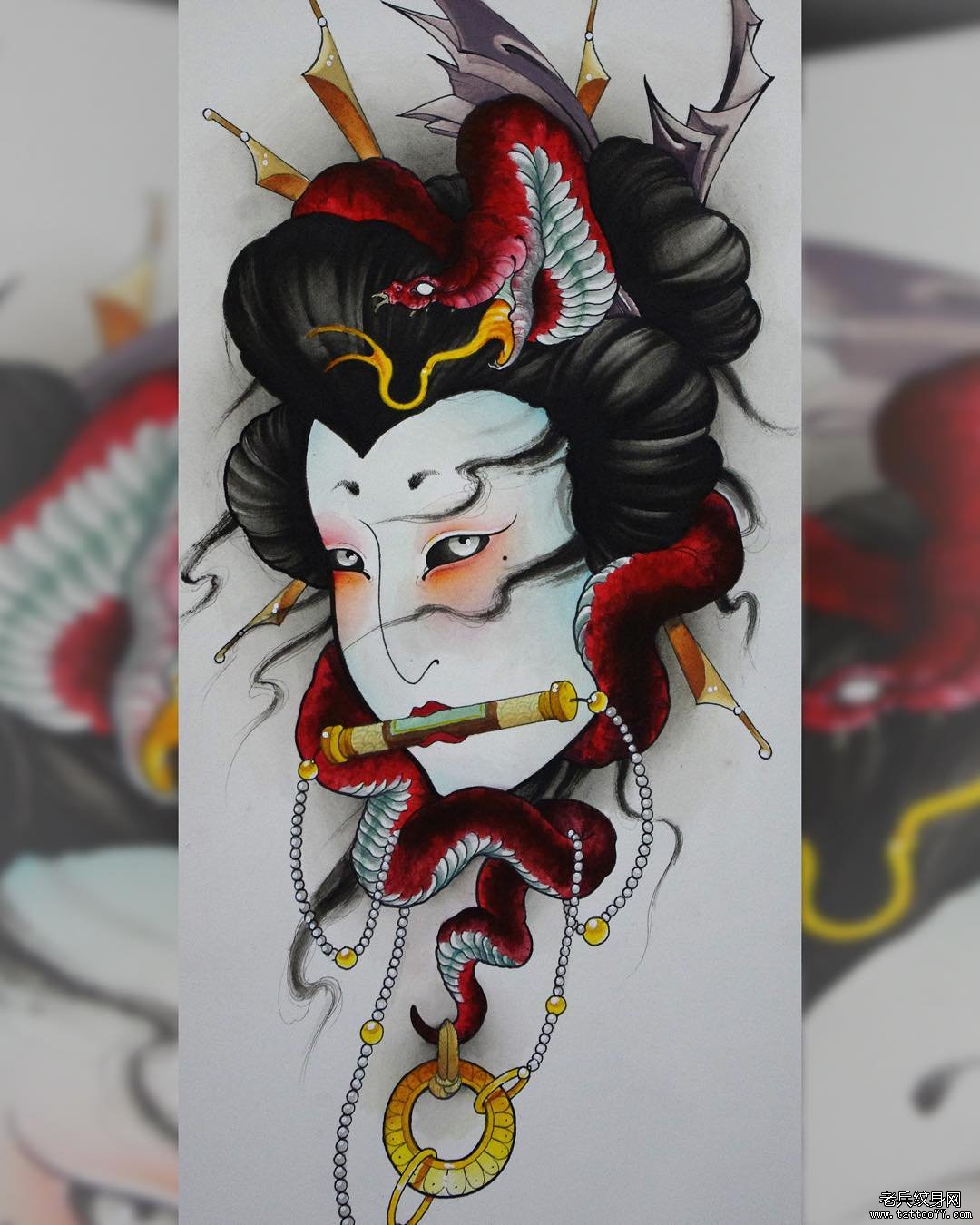 日式艺妓蛇彩色纹身图案手稿