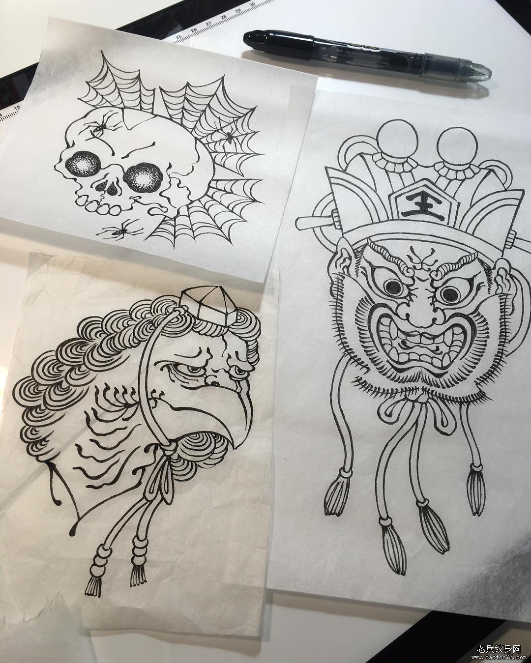 日式动物骷髅人像多款小图案纹身图案手稿