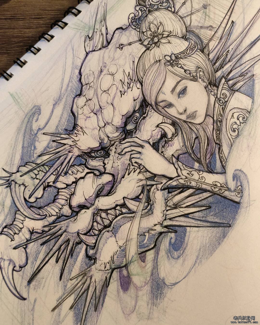 传统龙头和艺妓纹身图案手稿