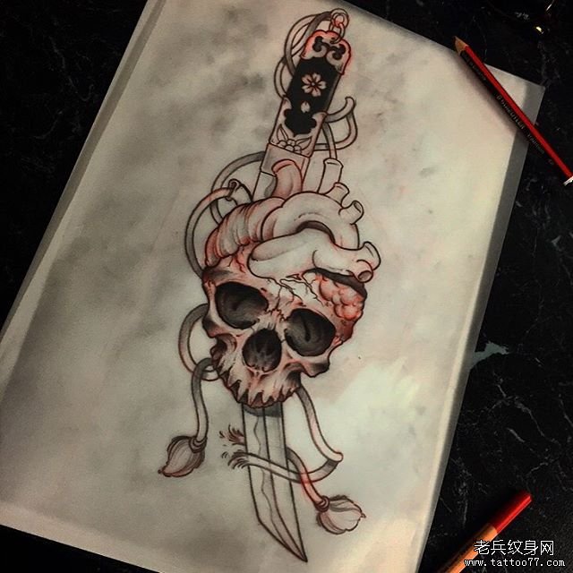 匕首插心脏骷髅纹身图案手稿