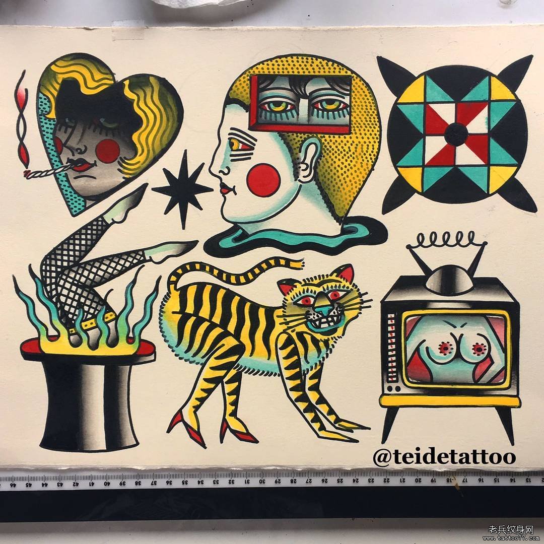 彩色欧美风格old school纹身图案手稿