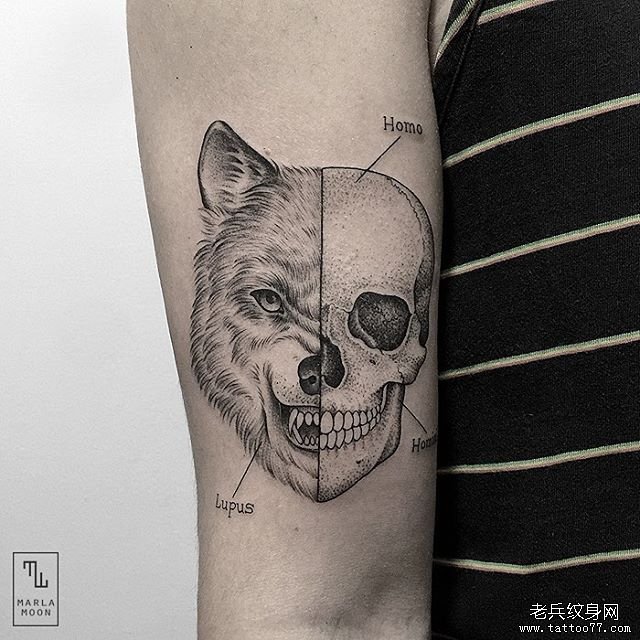 大臂邪恶的狼头骷髅纹身tattoo图案