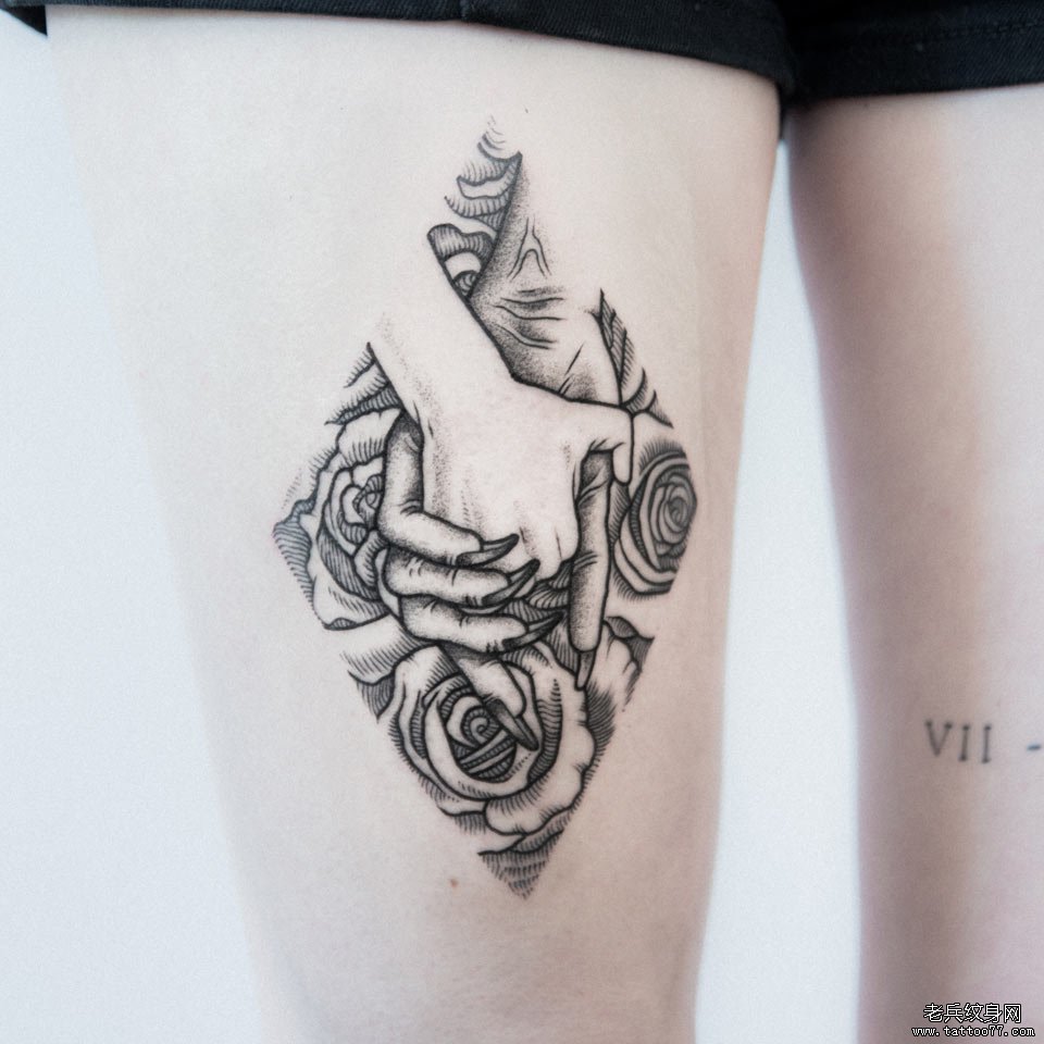 几何玫瑰手拉手黑灰纹身图案
