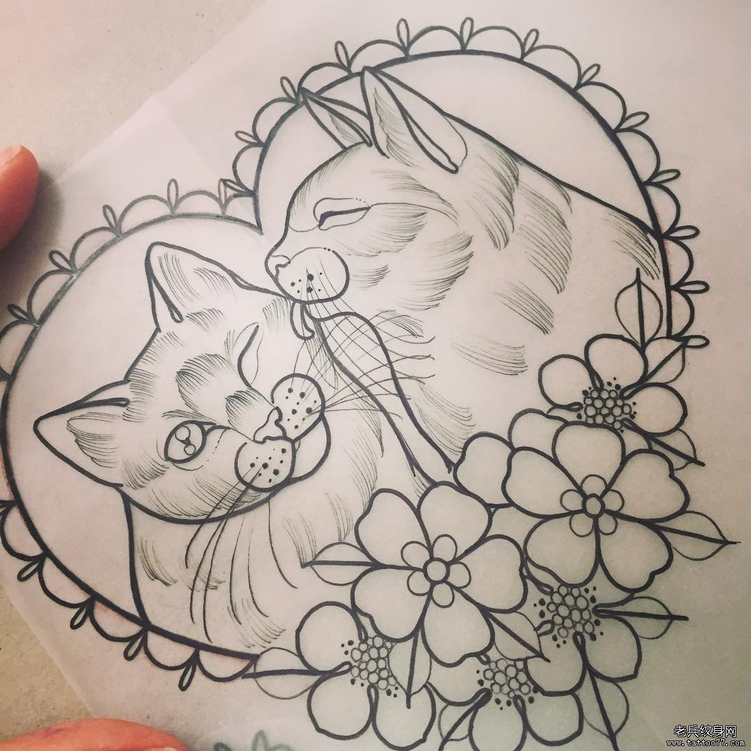 new school小清新猫爱心花蕊纹身图案手稿