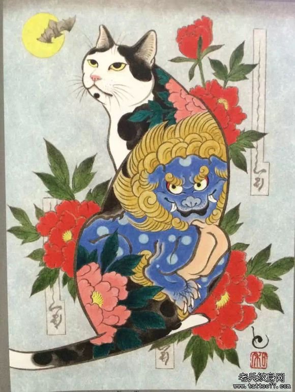 日式传统彩色纹身猫唐狮纹身图案手稿