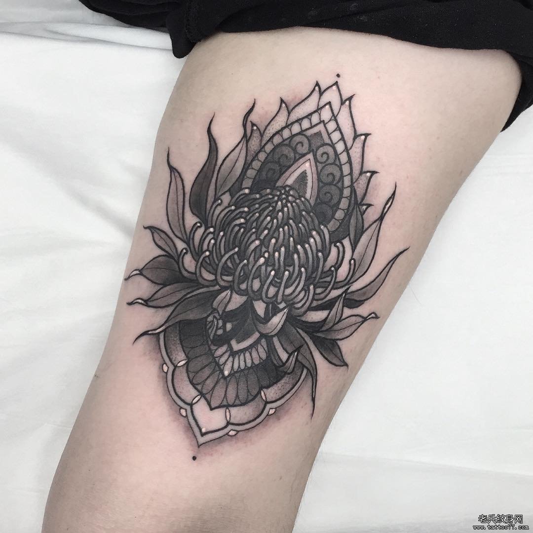 大臂菊花黑灰梵花tattoo纹身图案