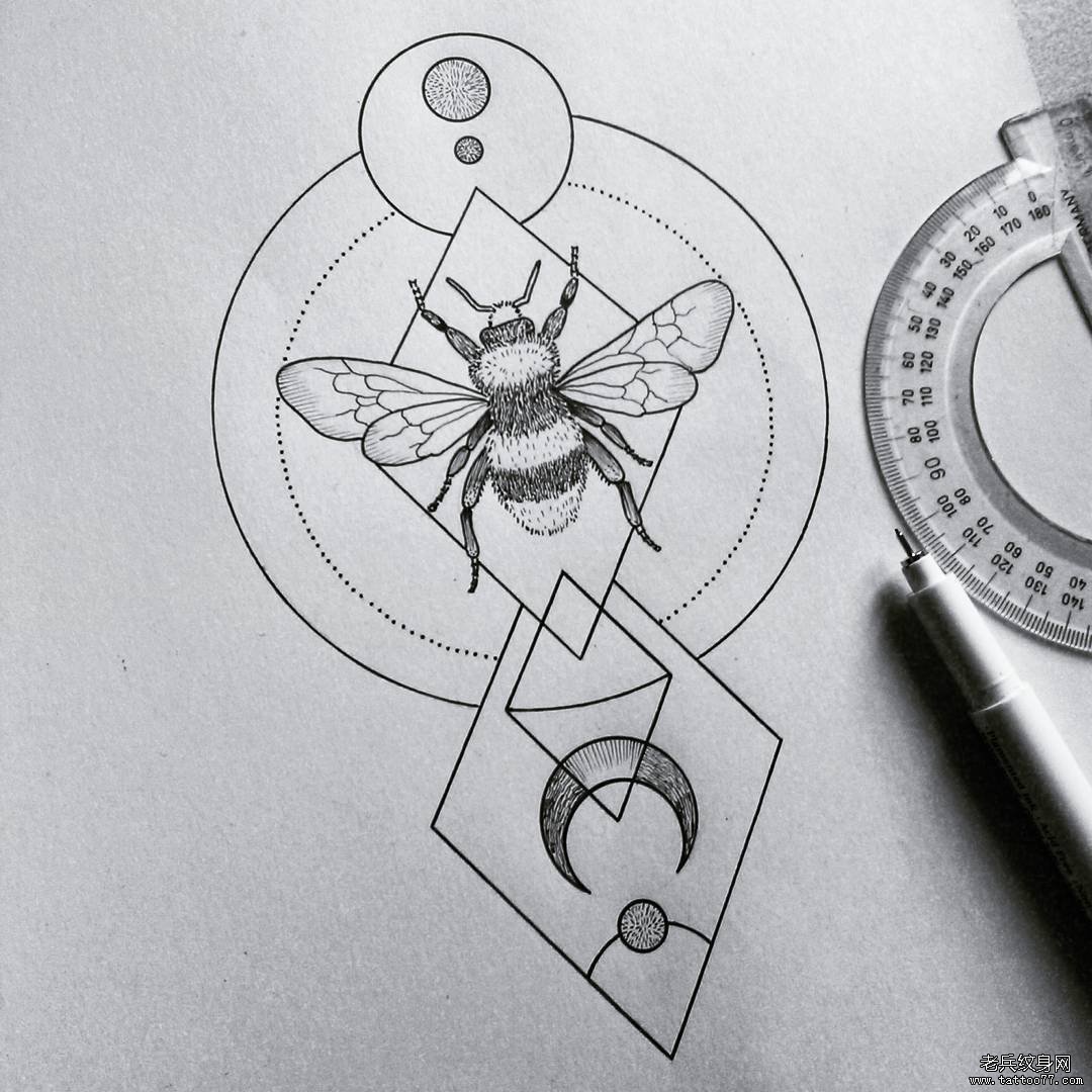 school 几何蜜蜂月亮tattoo纹身图案手稿
