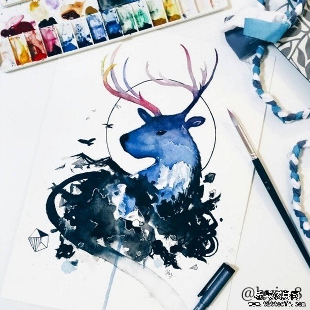school小清新水彩鹿纹身图案手稿