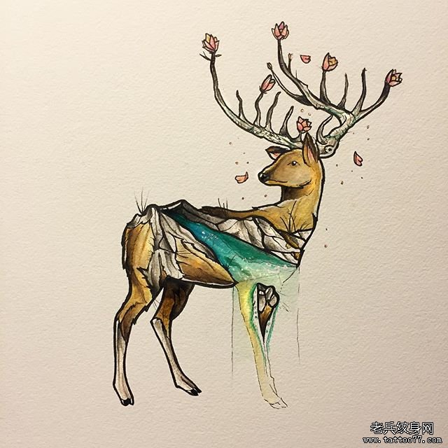 school鹿纹身河流风景纹身图案手稿