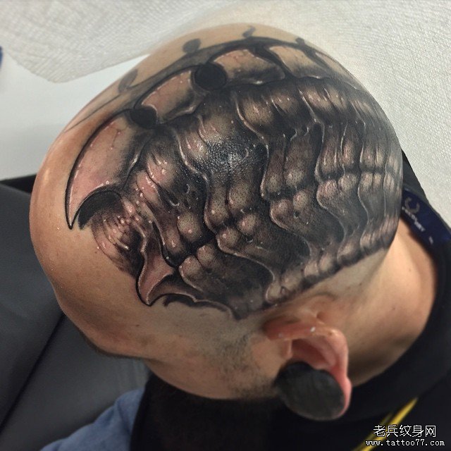 头部欧美黑灰机械骷髅纹身图案