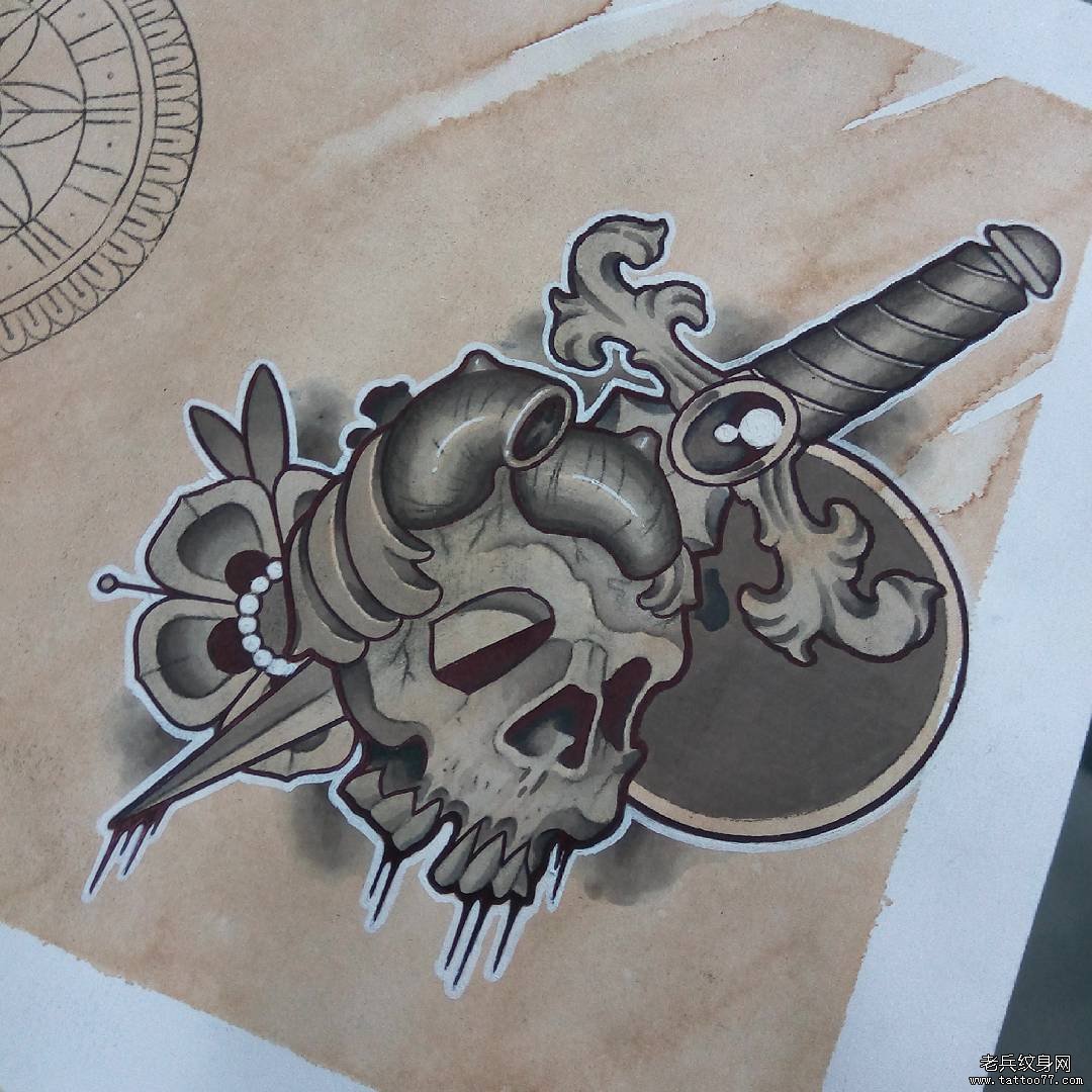 school匕首骷髅花蕊纹身图案手稿