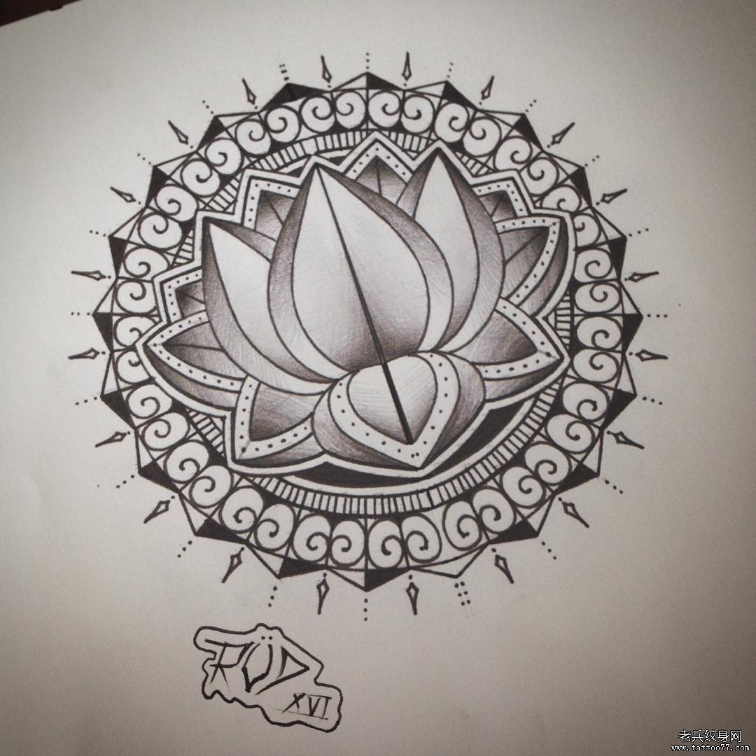 图腾荷花点刺梵花纹身图案手稿