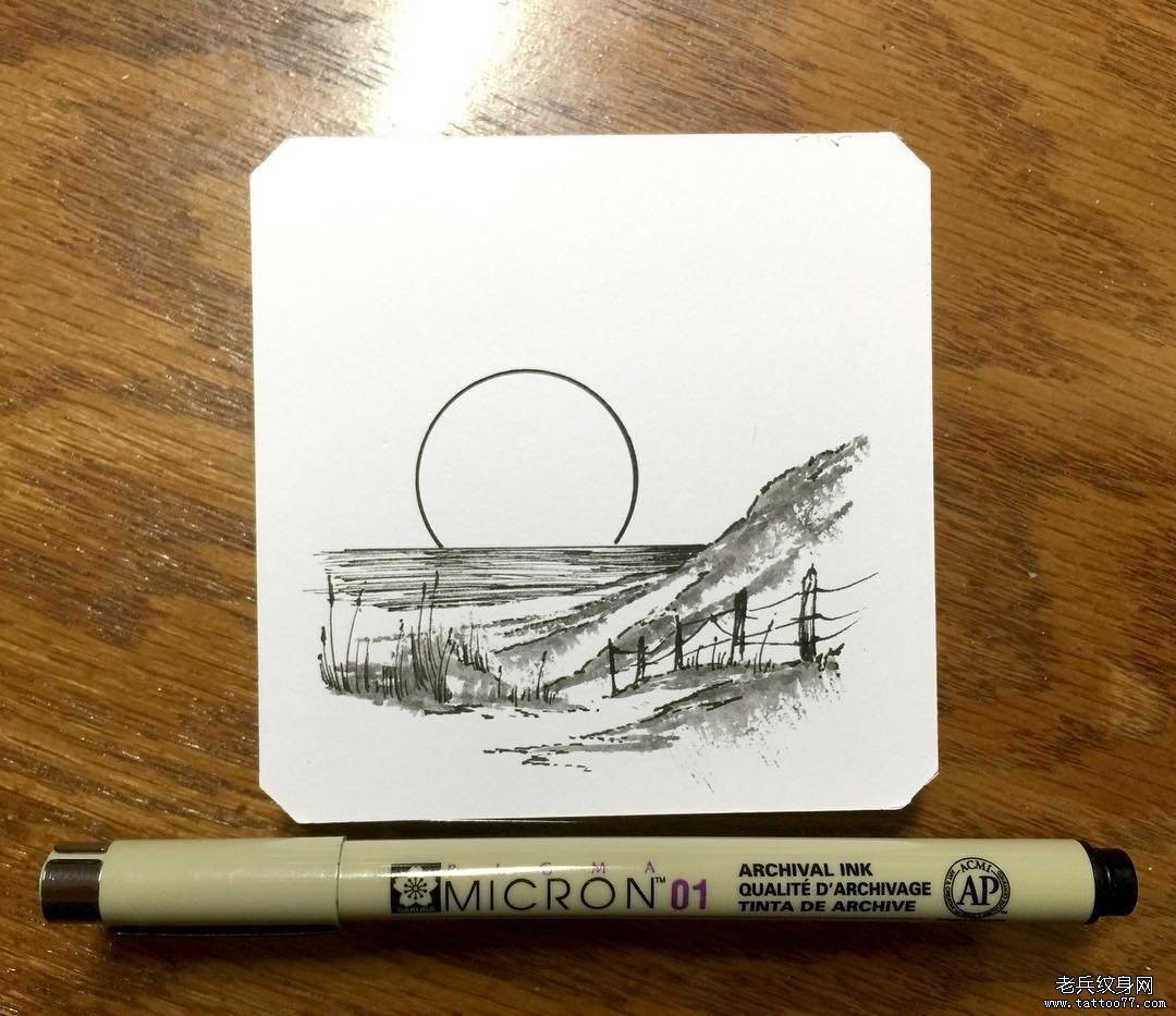 小清新简单的风景纹身图案手稿