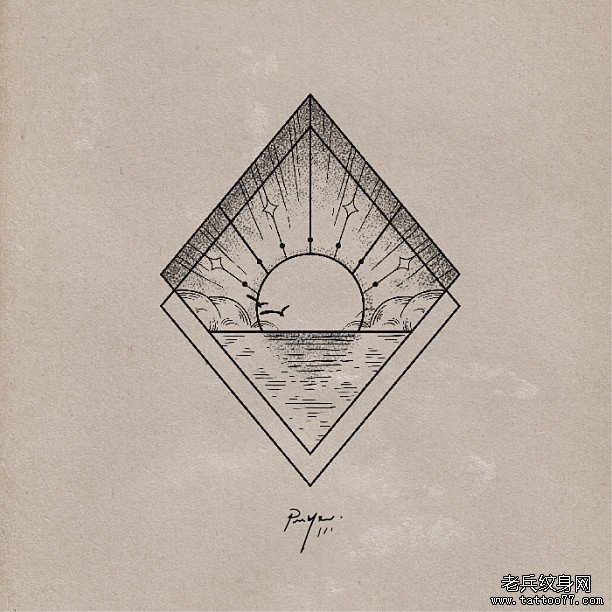 几何线条太阳大海风景纹身图案手稿