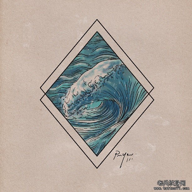 几何海浪彩色线条纹身图案手稿