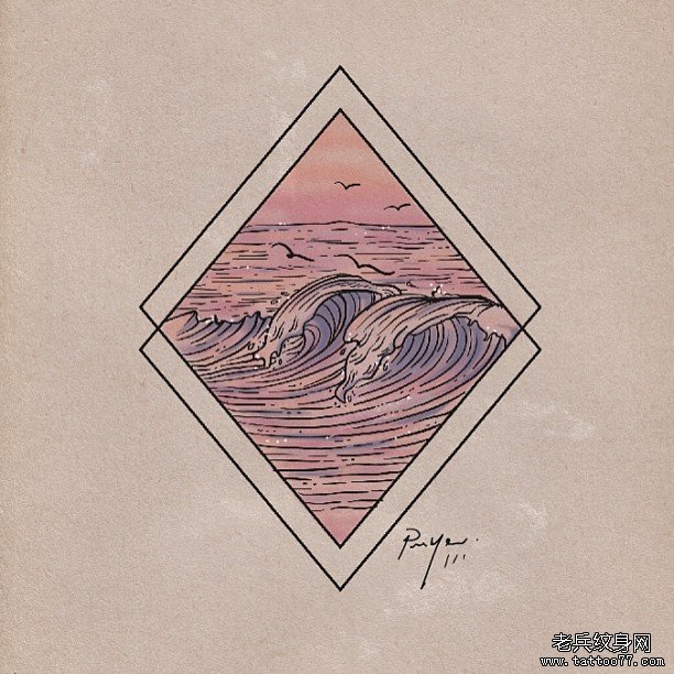 几何小清新线条海浪彩色纹身图案手稿