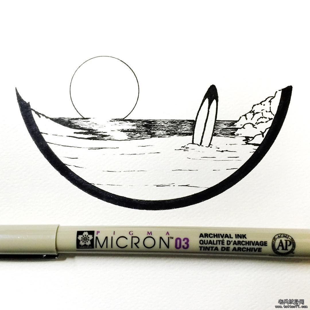 几何线条海滩日出风景纹身图案手稿