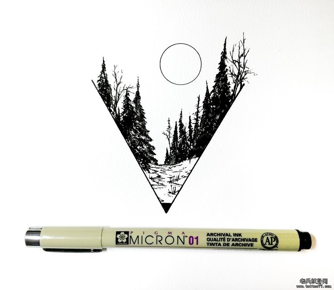 几何树林太阳风景纹身图案手稿