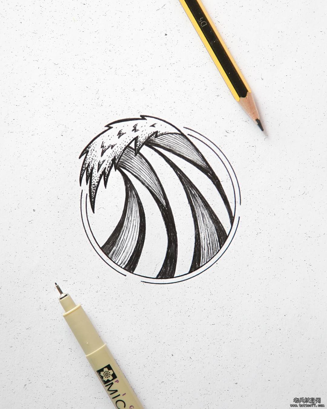 小清新点刺海浪纹身图案手稿