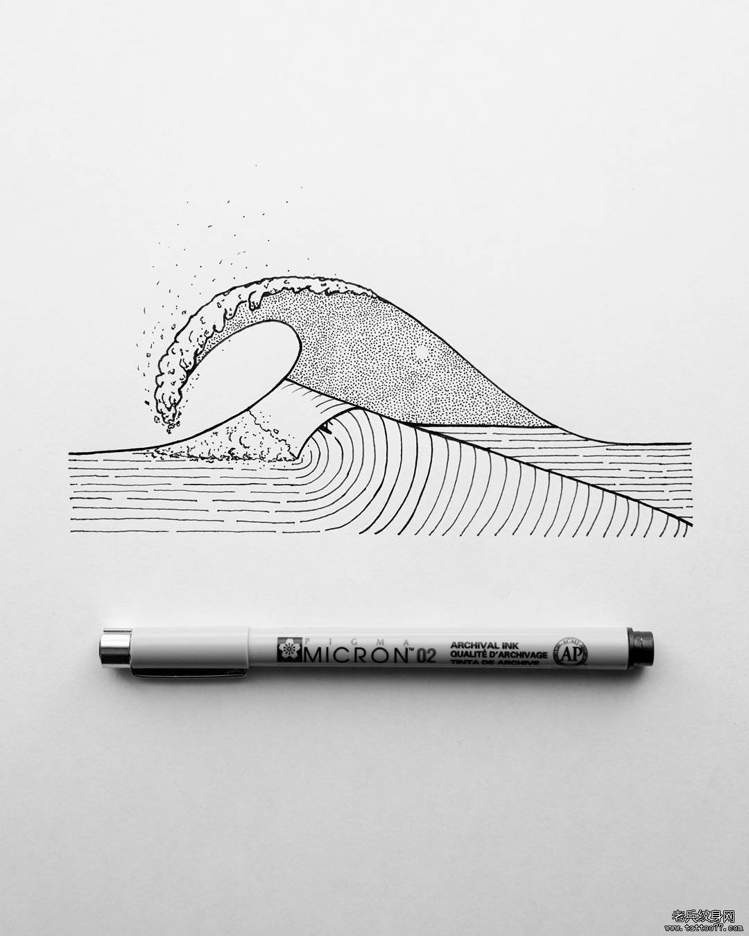 小清新海浪点刺线条个性纹身图案手稿