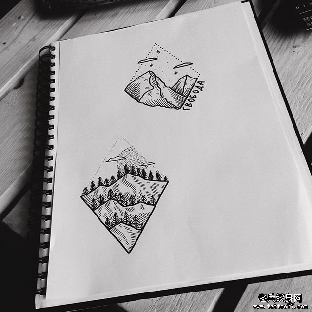 小清新线条点刺几何山脉风景纹身图案手稿