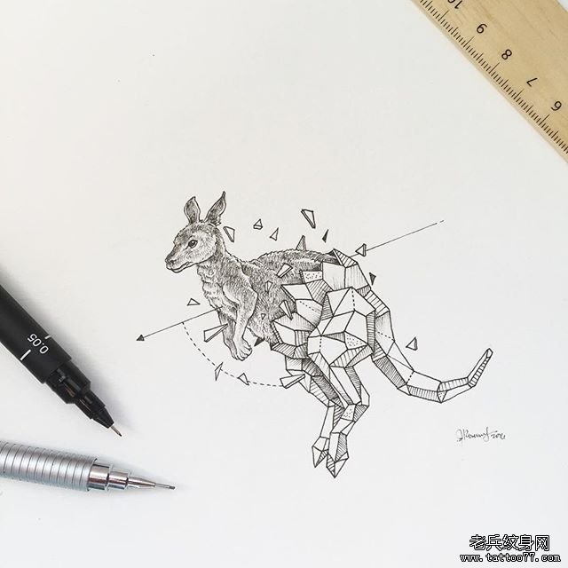 袋鼠几何线条纹身图案手稿