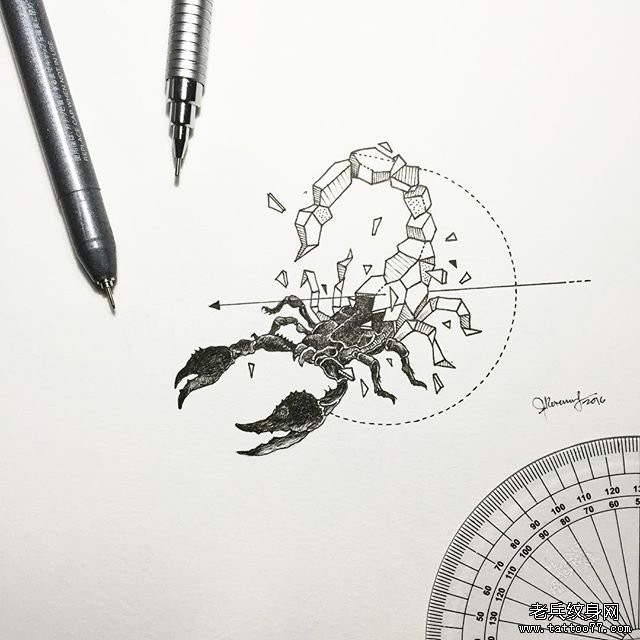 蝎子几何线条纹身图案手稿