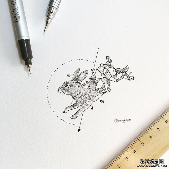 兔子几何线条纹身图案手稿
