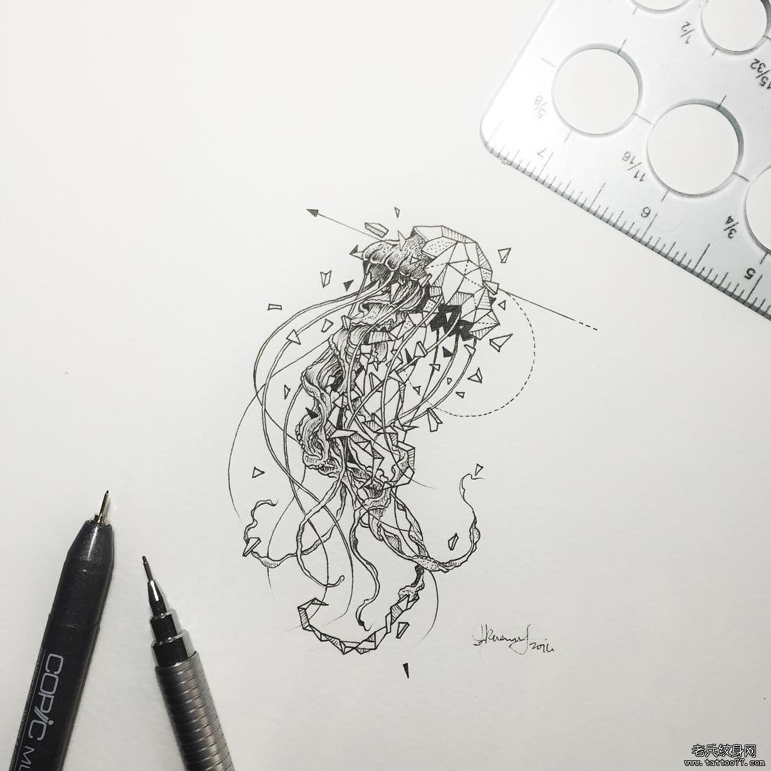水母几何线条纹身图案手稿