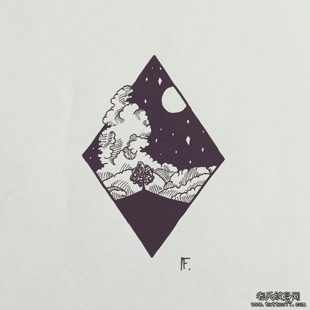 几何线条星空树纹身图案手稿