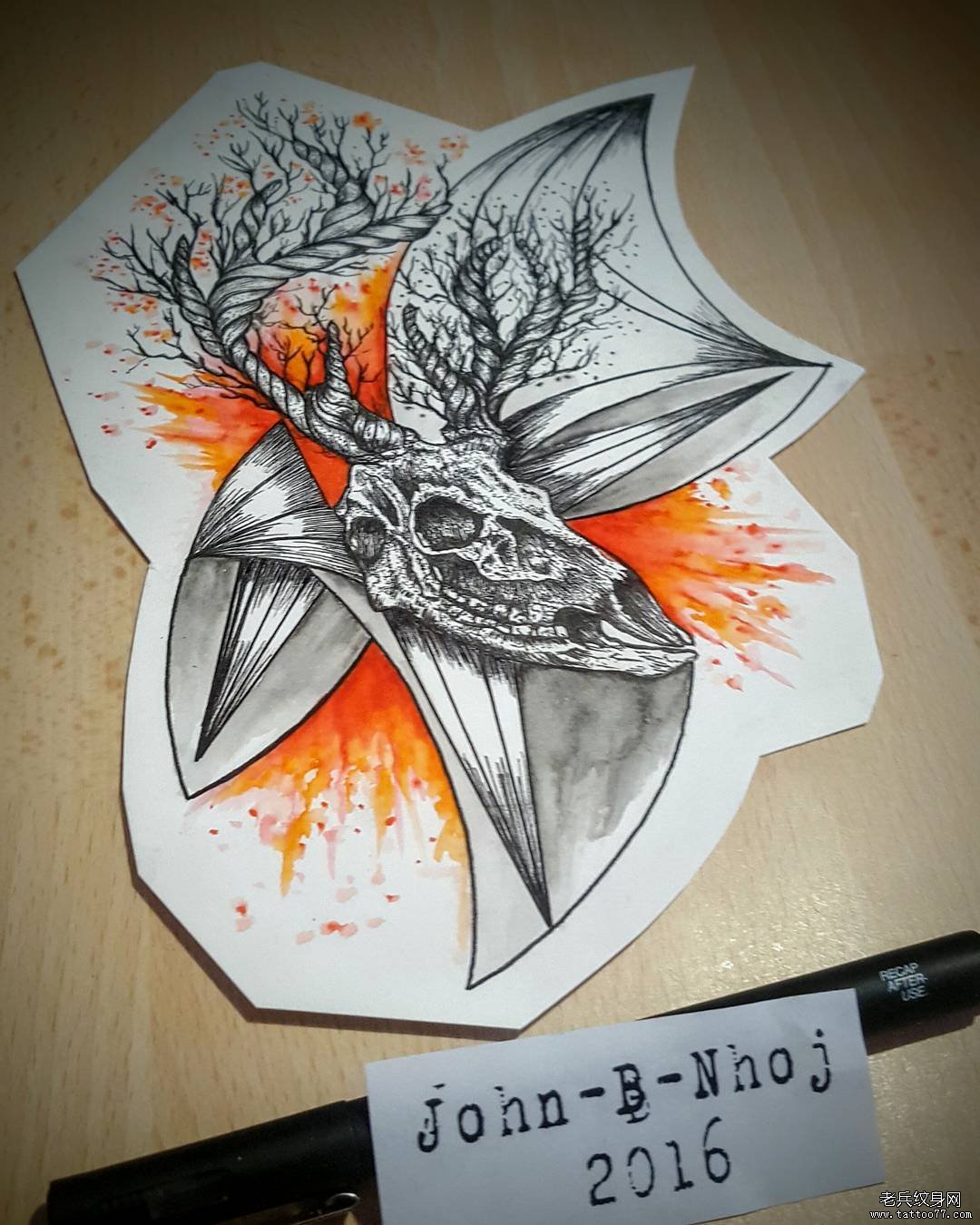 欧美线条点刺骷髅鹿水彩泼墨纹身图案手稿