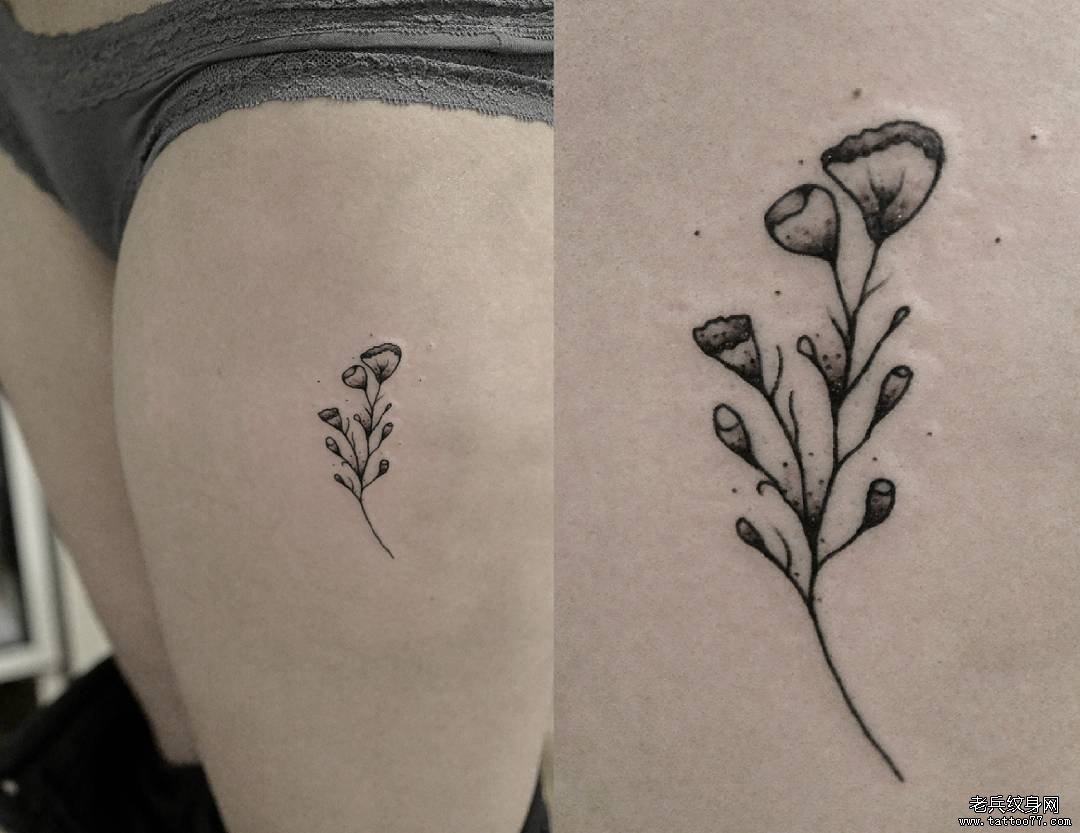 女生大腿小清新花蕊纹身图案